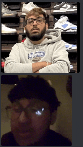 a man with a beard wearing a supreme sweatshirt
