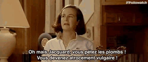 a woman in a white shirt with a lacoste logo on it says " oh mais jacquard "