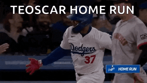 a baseball player for the dodgers is running towards home plate during a game .