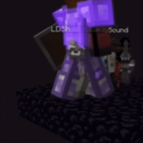 a purple minecraft character is standing in a dark room with a purple armor .