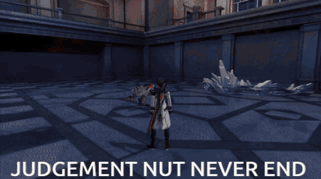 a video game scene with the words " judgement nut never end " at the bottom
