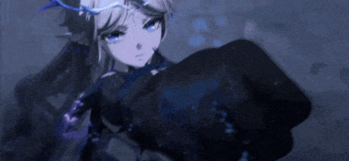 a girl with long hair and blue eyes is holding a fist