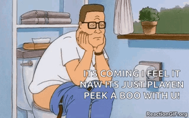 a cartoon of a man sitting on a toilet with his hands on his chin .