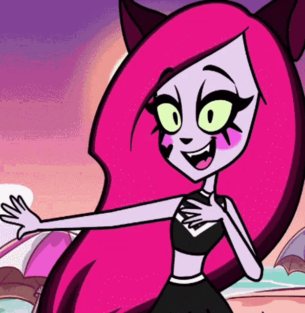 a cartoon character with pink hair and green eyes is smiling