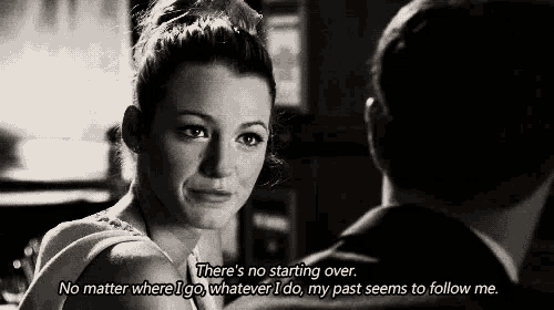 a black and white photo of a woman talking to a man with a quote that says there 's no starting over