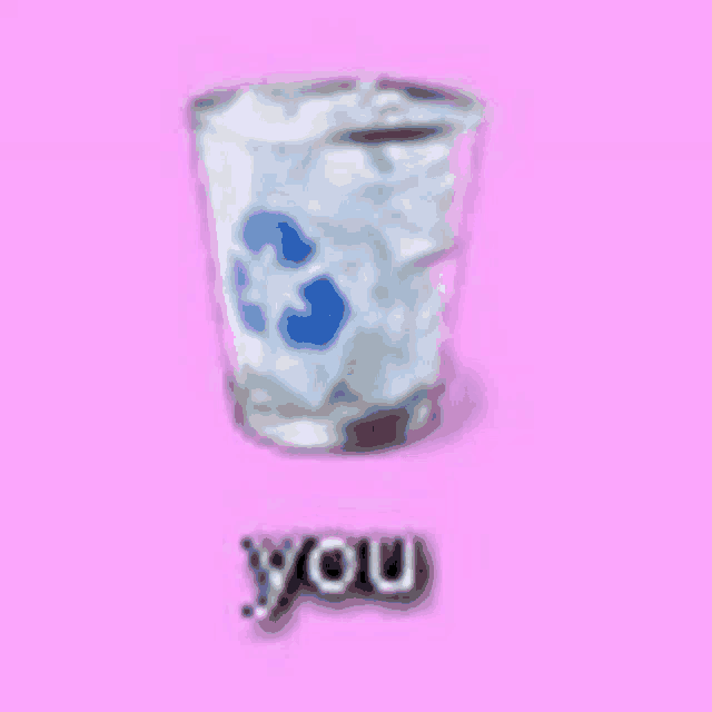 a pink background with a trash can and the word you