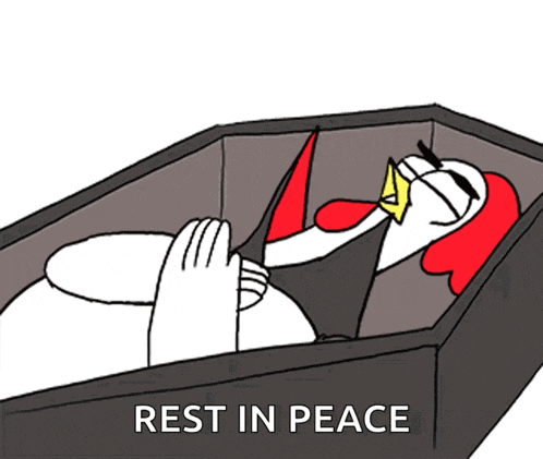 a cartoon of a chicken in a coffin with rest in peace written on the bottom