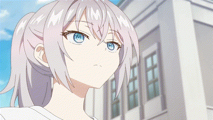 a girl with a ponytail and blue eyes is standing in front of a white building .