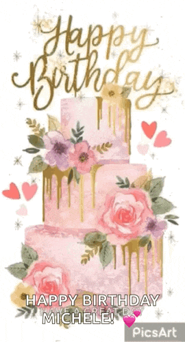 a happy birthday card with a pink and gold cake