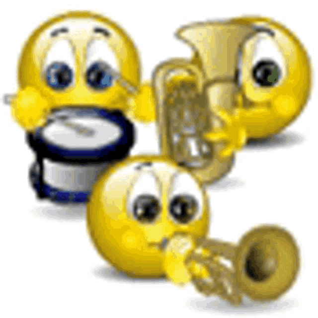 a group of smiley faces playing instruments including a drum and a tuba .