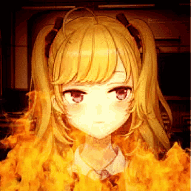 a girl with pigtails is surrounded by fire