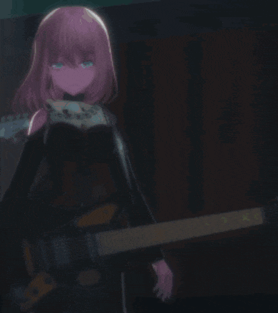 a girl with pink hair is holding a black guitar