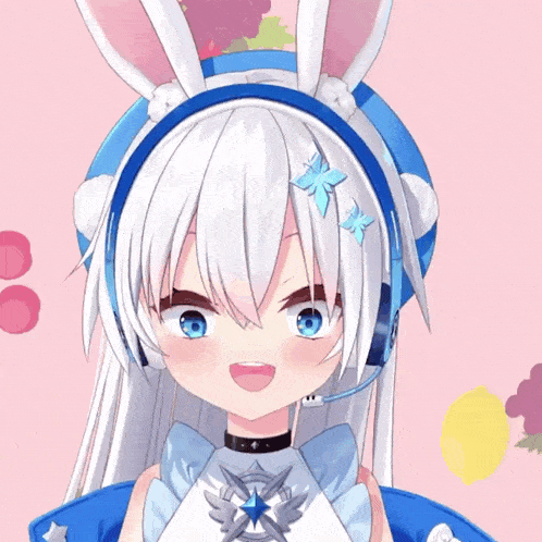 a girl with white hair and blue eyes is wearing a headband with bunny ears
