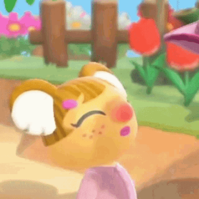 a close up of a cartoon character 's face in a video game with flowers in the background .