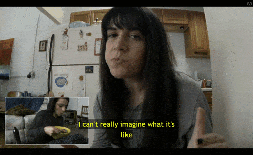 a woman in a kitchen with a fridge that says " full written " on it