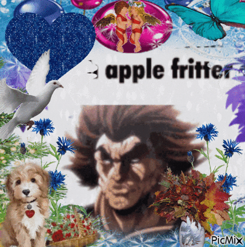 a picture of a man surrounded by flowers and balloons with the words apple fritter on it