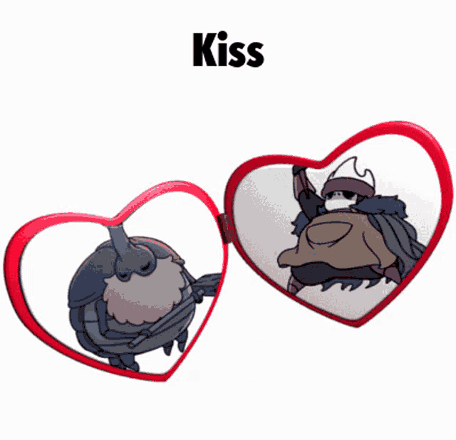 a pair of heart shaped sunglasses with a picture of a man and a bug on them