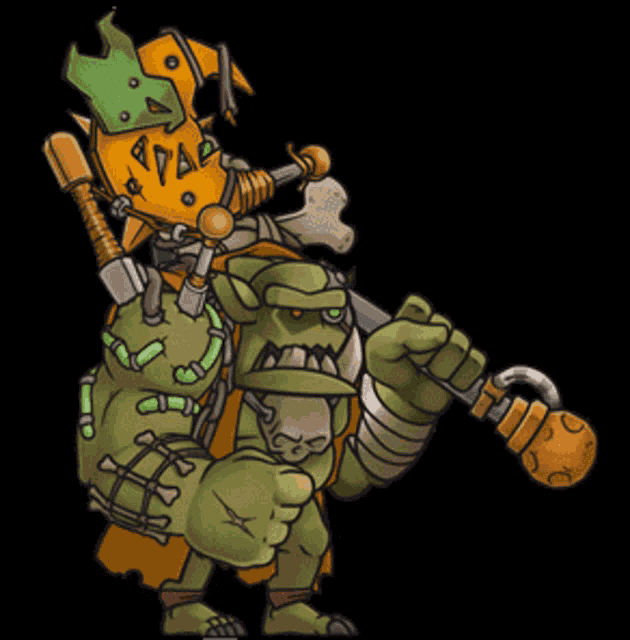 a cartoon drawing of an orc holding a sword and a cane