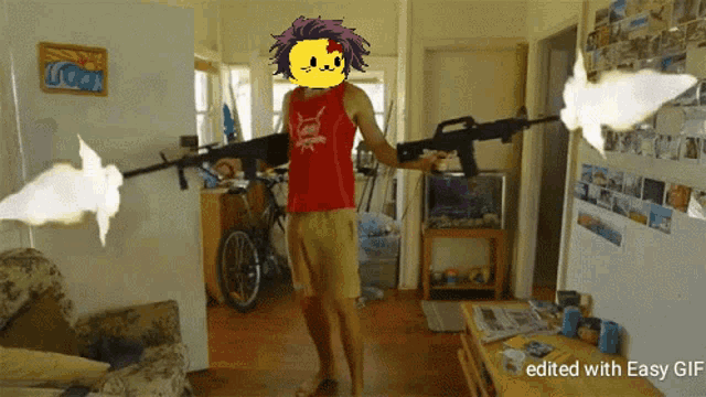 a man in a red tank top with the word supreme on it holds two guns