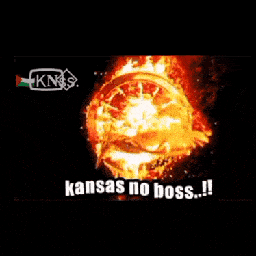 a cartoon of a man surrounded by flames with the words " kansas no boss " on the bottom