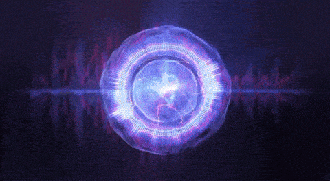 a purple and blue plasma ball with a light coming out of it on a dark background .