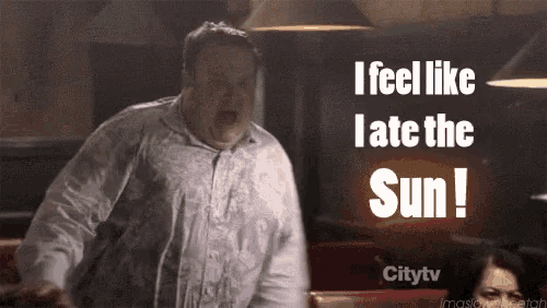 a man is screaming in front of a sign that says " i feel like late the sun "