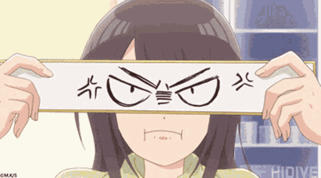 a girl covering her face with a sign that says ' angry '