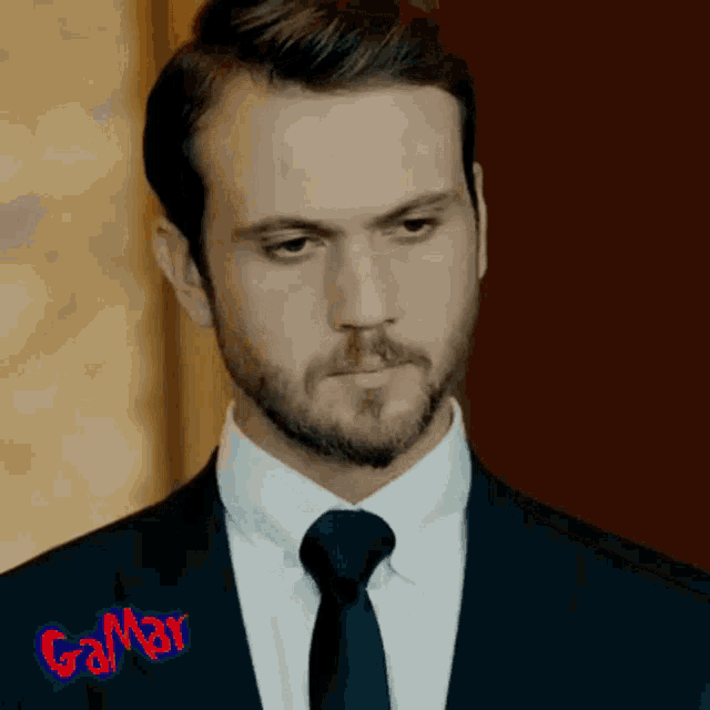 a man in a suit and tie has the word gamar written on the bottom