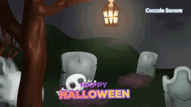 a cartoon of a cemetery with the words happy halloween