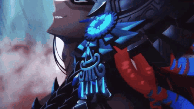 a close up of a person 's face with a blue necklace that says ' luna ' on it