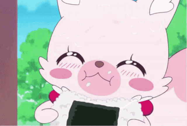 a pink cartoon character is holding a piece of food