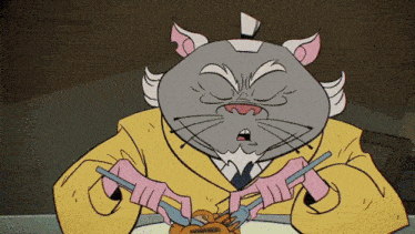 a cartoon cat in a yellow coat is holding a fork