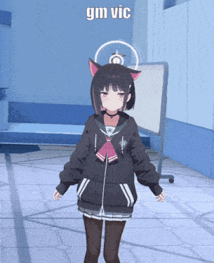 a girl with cat ears is standing in front of a white board that says " gm vic " on it