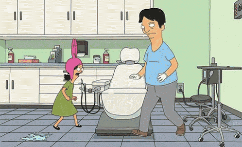 a cartoon of a man and a girl standing next to a dental chair .