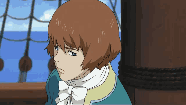 a brown haired anime character with a white bow tie