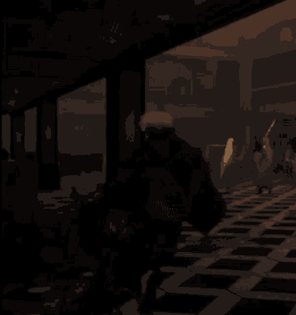 a man in a suit is standing in a dark room