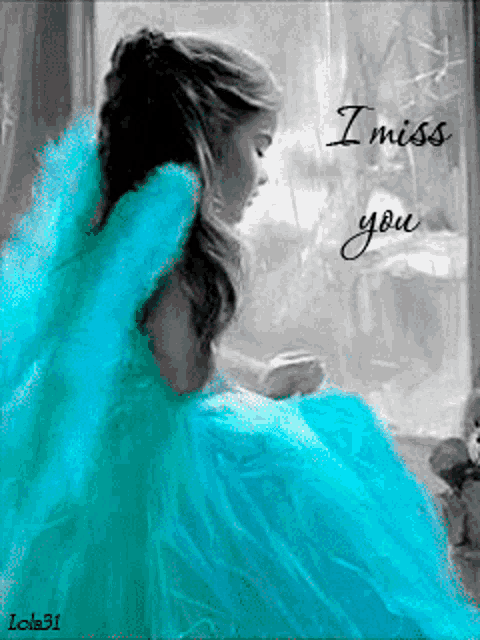 a girl in a blue dress is sitting in front of a window with the words " i miss you " written on it