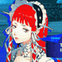 a girl with red hair is wearing a hat with a unicorn on it