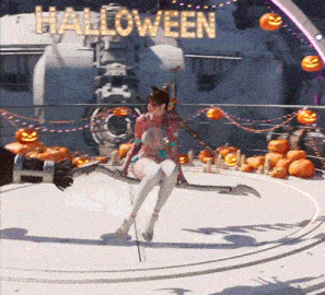 a woman is sitting on a broom in front of a halloween sign