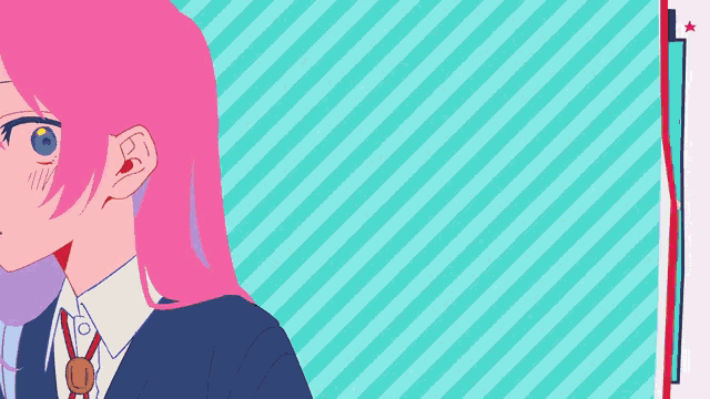 a girl with pink hair and blue eyes is wearing a medal around her neck