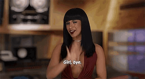 a woman in a red top says girl bye