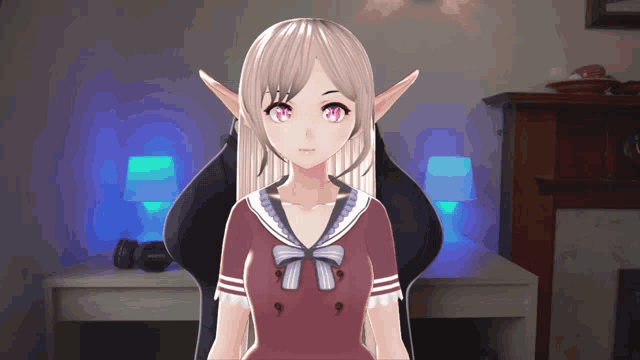 a girl with long blonde hair and purple eyes is sitting in a chair