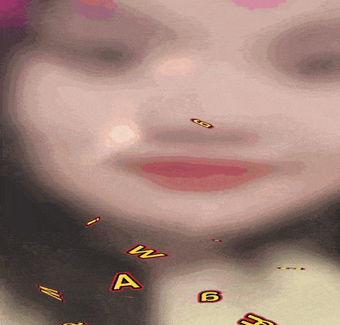 a close up of a woman 's face with the letters a w and b flying around her