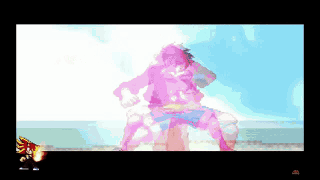 a pixel art of a person standing in front of a body of water