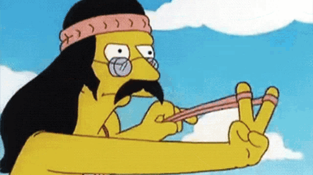 a cartoon character is giving a peace sign while holding a slingshot