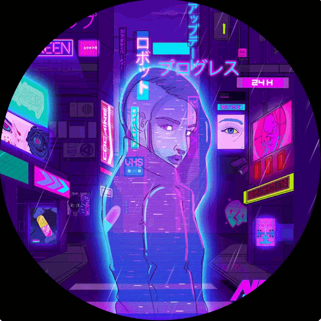 a cartoon drawing of a woman in a futuristic city with a sign that says vhs