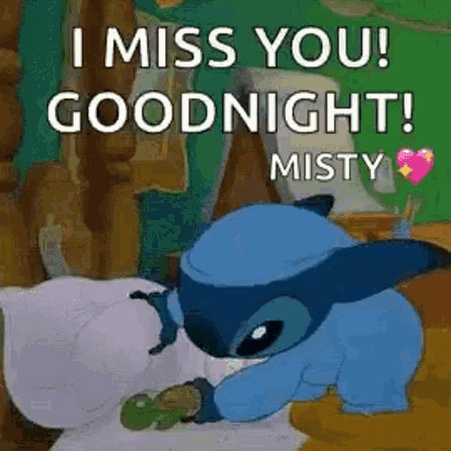 a cartoon character is laying on a bed and saying `` i miss you goodnight ! ''