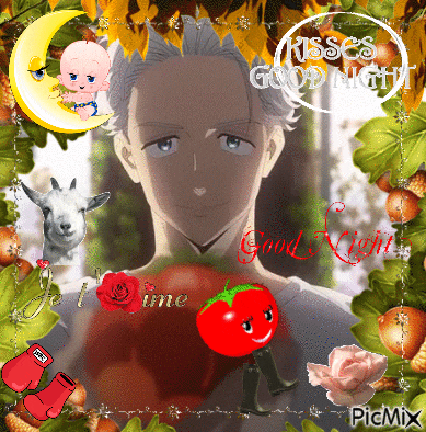 a picture of a man and a tomato with the words kisses good night