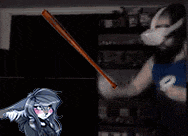 a person wearing a mask is holding a bat in front of a cat