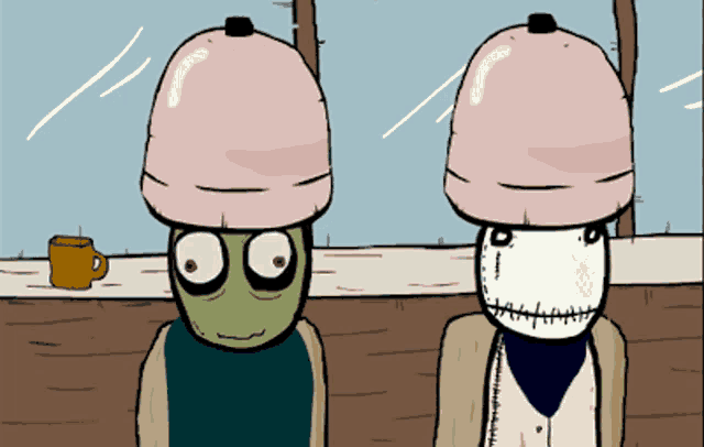 a cartoon character with a pink hat on his head stands next to another character
